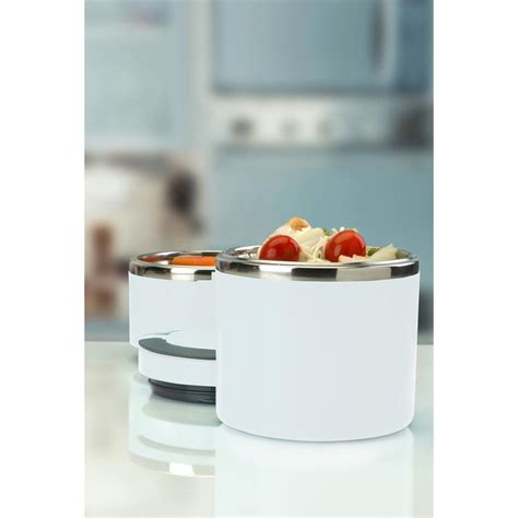 2-tier round stainless steel insulated lunch box in white|stackable lunch box stainless steel.